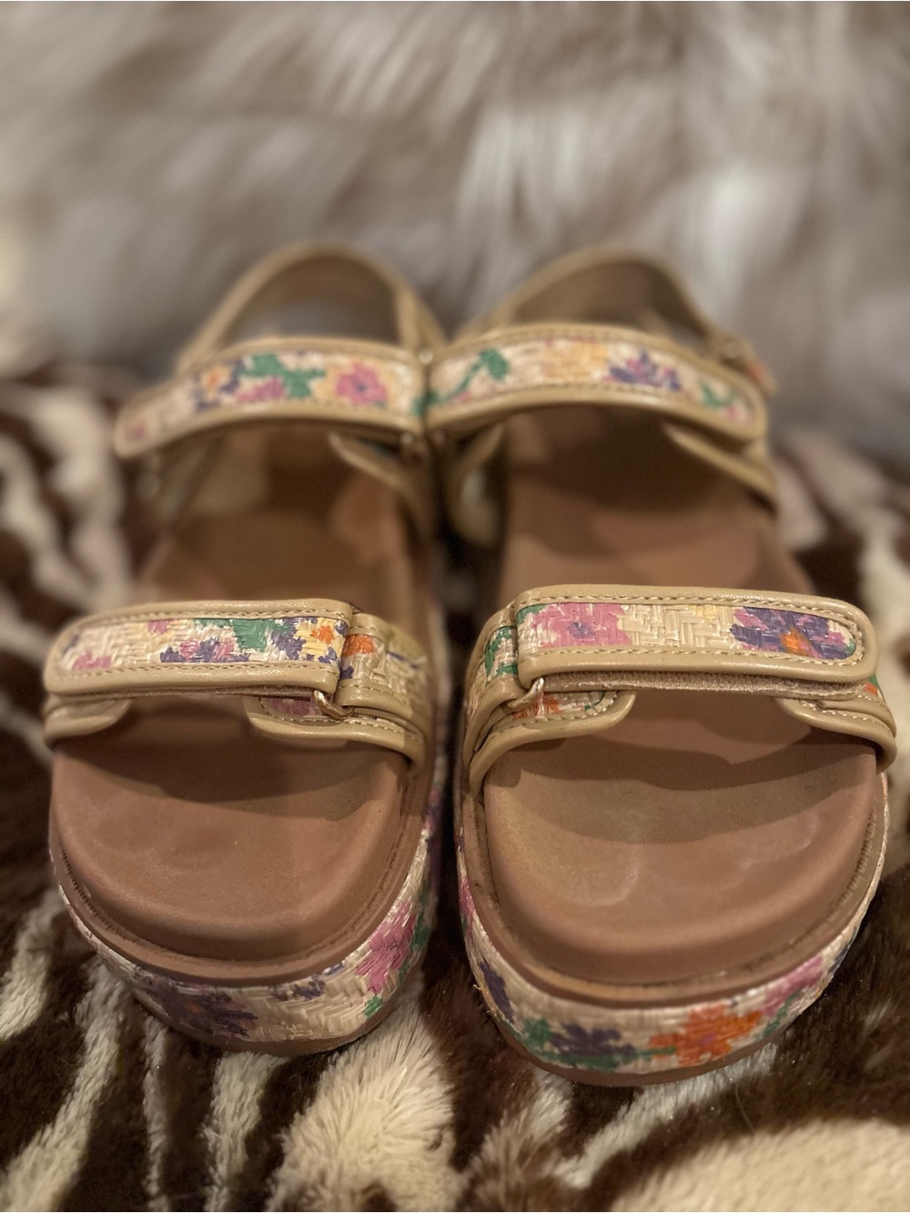 Floral Beige Platform Sandals - Neutral Pink & Purple Accents